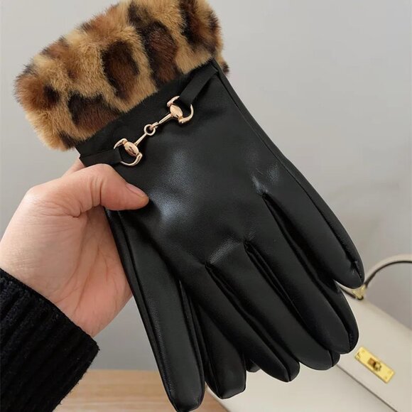 2/$30 Black Faux Leather Gloves with Brown Leopard Faux Fur Trim Gold Accent - Picture 1 of 6
